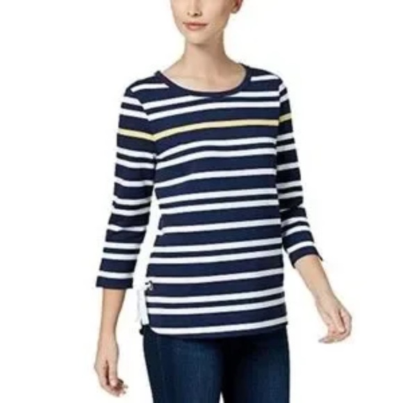 Charter Club Petite Small Striped High-Low Top Navy White Yellow Tie Detail - Picture 9 of 9